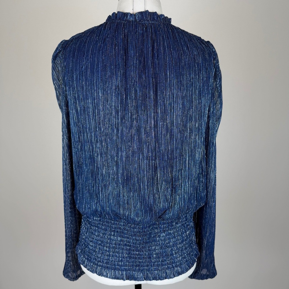 Joie Navy Blue Metallic Pleated Smocked High Neck Blouse Womens Large Party Glam - Picture 5 of 11